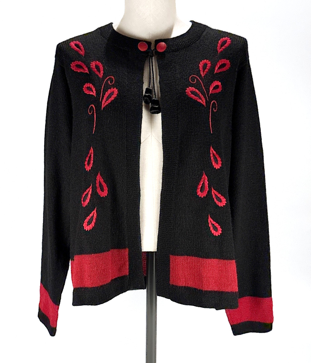 100% Alpaca Cardigan Sweater Embroidered Tassels XL Red Black Artisan Soft
